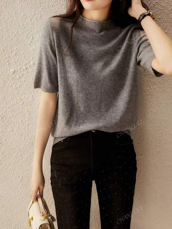 Women Solid Color Simple Casual Versatile Round Neck Short Sleeve Knit Sweater