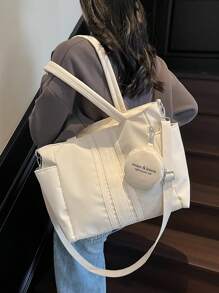 New Casual Solid & Striped Pattern Multi Pocket Shoulder Tote Bag, Suitable For Commuting, Shopping, School, Includes Coin Purse, Women