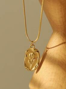 Vandermere 1pc 18K Gold Plated Stainless Steel Rose Flower Pendant Necklace, Vintage Elegant Round Snake Chain, Long-Lasting Color, Hypoallergeni - Golden - View 8