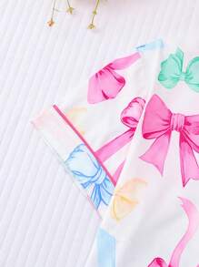 2pcs Women's Butterfly Allover Print Sleepwear Set, Short Sleeve Top And Shorts, Pocket, Lapel Bow, Button Front, Suitable For All Seasons - White - View 6