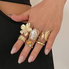 6pcs/Set Baroque Inspired Faux Pearl Flower Ring Set, Vintage Retro Bold Adjustable Cocktail Rings For Women