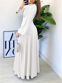 Vestido blanco de manga farol de unicolor elegante para mujer, primavera - Blanco - Ver 2
