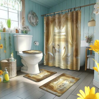 1 pieza /4 piezas Cortinas de ducha de primavera para baño, cortinas divertidas y lindas - Cortinas de ducha con estampado tropical para baño, alfombra de baño, cortina de ducha, alfombrilla en forma de U, tapa de inodoro, accesorios de baño impermeables y antideslizantes para decoración. Incluye 12 ganchos de plástico para el regreso a clases