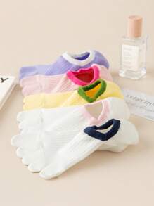 1/3/5 Pairs Women's Candy Color, Solid, Colorblock, Vertical Striped Mesh, Breathable Knit Fabric, Ins Style, Japanese Lady Style Low-Cut Invisible Five-Toe Socks, Versatile For Spring/Summer, Home, Party, Commute, School, Sports, Holiday Gift - Multicolor - View 5