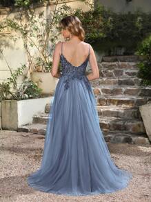 Babyonlinedress BABYONLINE D.R.E.S.S. Tulle Beaded Prom Dresses For Women 2025 Lace Applique Formal Evening Dresses Spaghetti Straps A-Line Puffy Ball Gown - Màu xanh bụi bặm - Xem 2