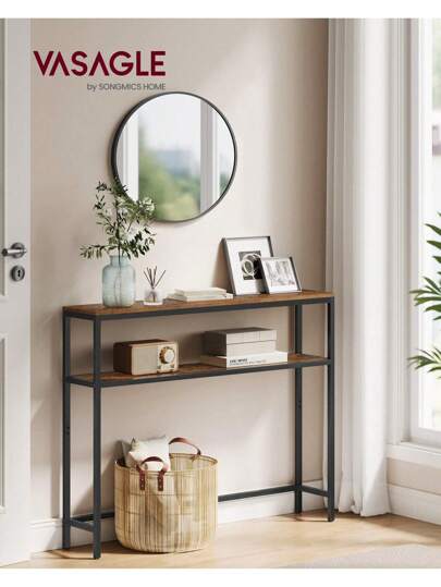 VASAGLE Mesa de Consola, Mesa Auxiliar Estrecha, 20 x 100 x 80 cm, Mesa de Entrada Moderna con 2 Estantes, para Sala de Estar, Dormitorio, Marrón Rústico y Negro Tinta
