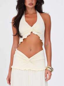 Sexy Twist Front Ruffle Trim Halter Top With Tie Strap For Women Summer Holiday - Cream - View 4