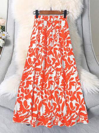 Women's Elastic Waist Long Floral Print Maxi Skirt, Suitable For Vacation