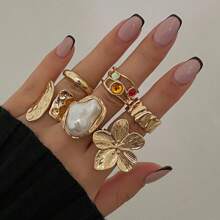 6pcs/Set Baroque Inspired Faux Pearl Flower Ring Set, Vintage Retro Bold Adjustable Cocktail Rings For Women