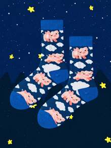 1 paire de chaussettes imprimées de cochons de bande dessinée, chaussettes tubes moyennes confortables et mignonnes, bas et collants pour femmes