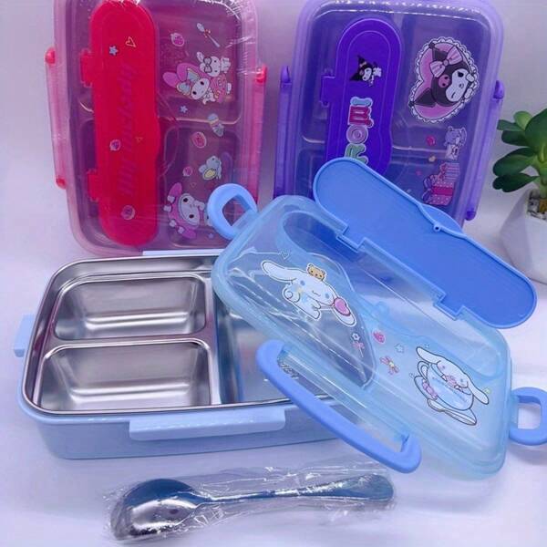 Sanrio 1 Stück Sanrio süße Cartoon kreative Dreifach-Gitter 304 Edelstahl Lunchbox Überraschungsgeschenk für Studenten zum Mitbringen eines eigenen Löffels Bento Box, Schulmaterial