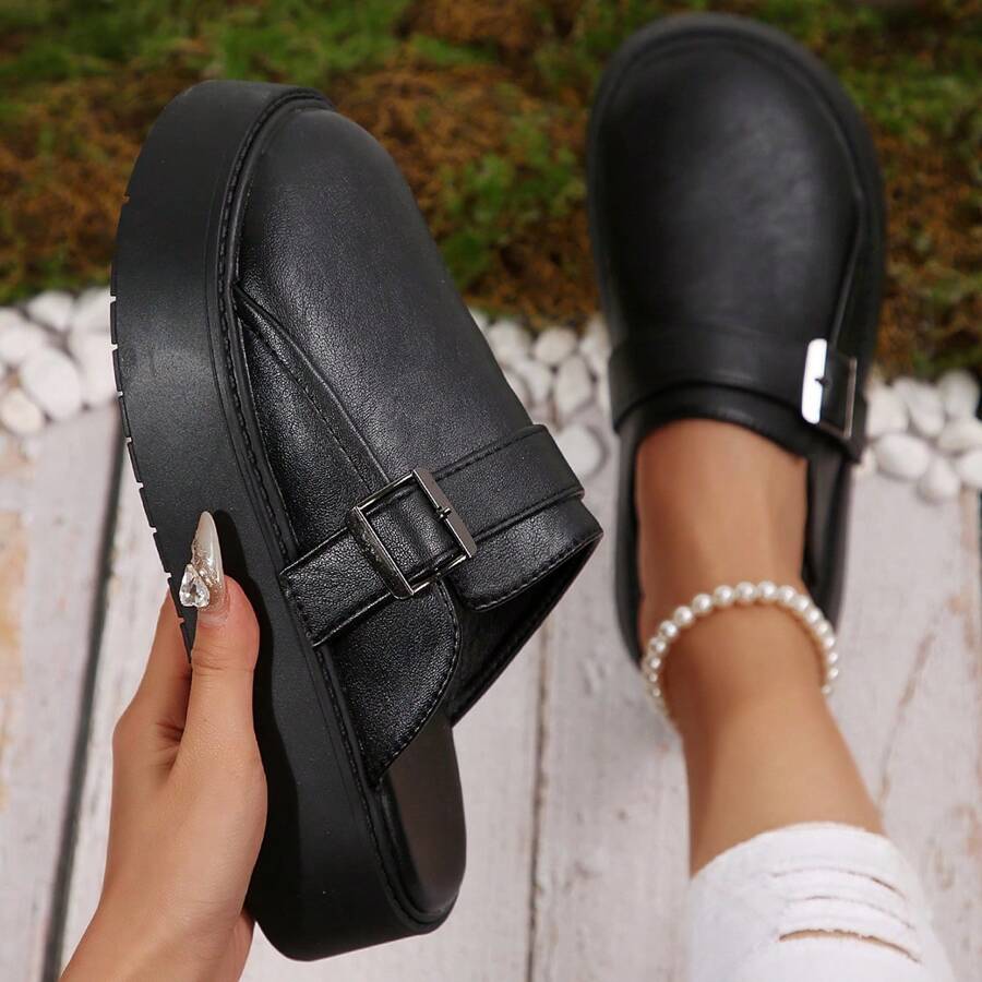 女士柔软皮革厚底封闭式鞋头套脚穆勒凉鞋，春季户外服装