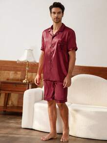 Men's Embroidered Heart Lapel Collar Top And Shorts Pajama Set
