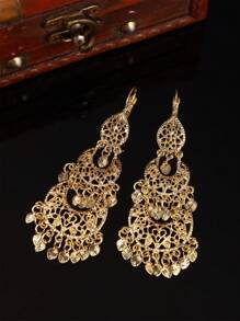 1 Pair Luxury Gold-Plated Moroccan Earrings, Hollow Carved Moon & Heart Tassel Dangles For Arab Ladies, Daily, Wedding & Traditional Festivals - Multicolor - View 5