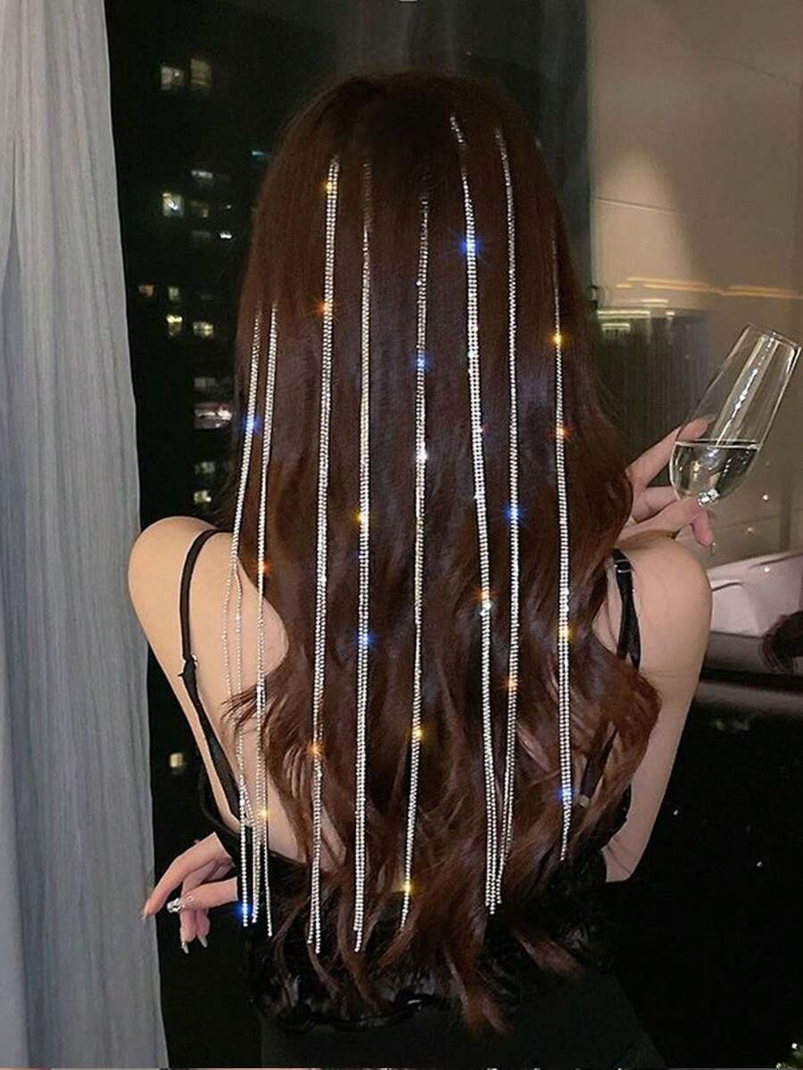Silver Rhinestone Braided Hair Chain, Women Rhinestone Tassel Hair Clip, Suitable For Everyday Use Head Jewelry Party Shiny Sexy And Charming Head Pieces Jewelry, Wedding, Festival Outfits, Rave Accessories