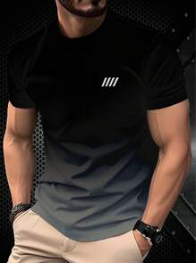 Camiseta casual de manga corta para hombre, con diseño minimalista personalizado de 4 rayas en degradado de negro a gris, transpirable