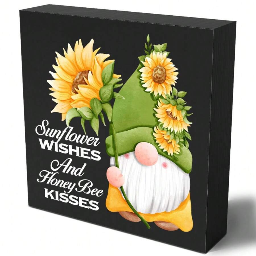 1pc, Farmhouse Sunflower Gnome Wooden Box Sign - Rustic Desk Decor For Home Shelf And Table Decoration - Black - View 1