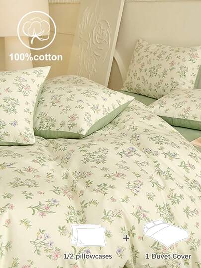 2/3 件 100% 纯棉，花卉羽绒被套，床上用品，超柔软亲肤羽绒被套，水洗羽绒被套，花卉印花图案棉被套装和枕套，不含被芯，适合单人床、全尺寸特大号双人床、大号双人床，适合所有季节，家居装饰，床上用品礼品，可机洗