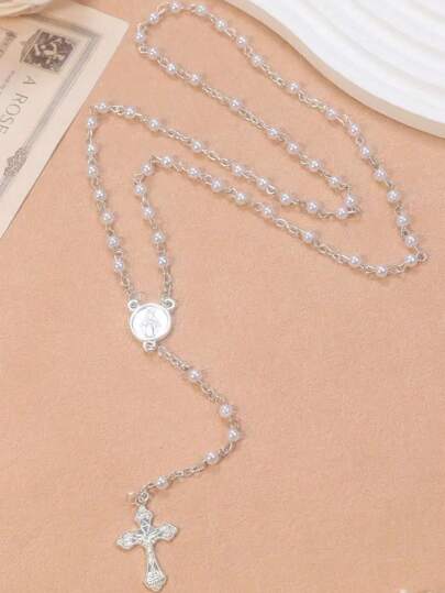 1pc Affordable Creative Colorful Acrylic Faux Pearl Beaded Rosary, Jesus Religious Christian Catholic Cross Pendant, Vintage Alloy Priest Dog Tag Necklace