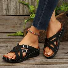 Vacation-Ready Wedge Sandals For Women - Adjustable Cross-Strap And Thick Sole - Black - View 5