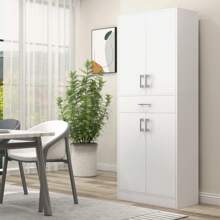 HOMCOM HOMCOM Alacena de Cocina Mueble de Cocina con 4 Puertas 1 Cajón y Estantes Ajustables Antivuelco Armario de Cocina Moderno para Comedor Salón 70,8x34x180 cm Blanco y Plata