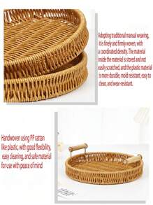 1pc Handwoven Imitation Rattan Fruit Basket, Bread Basket, Bun Basket, Home Decor Storage Basket With Dual Handles, Suitable For Kitchen And Living Room