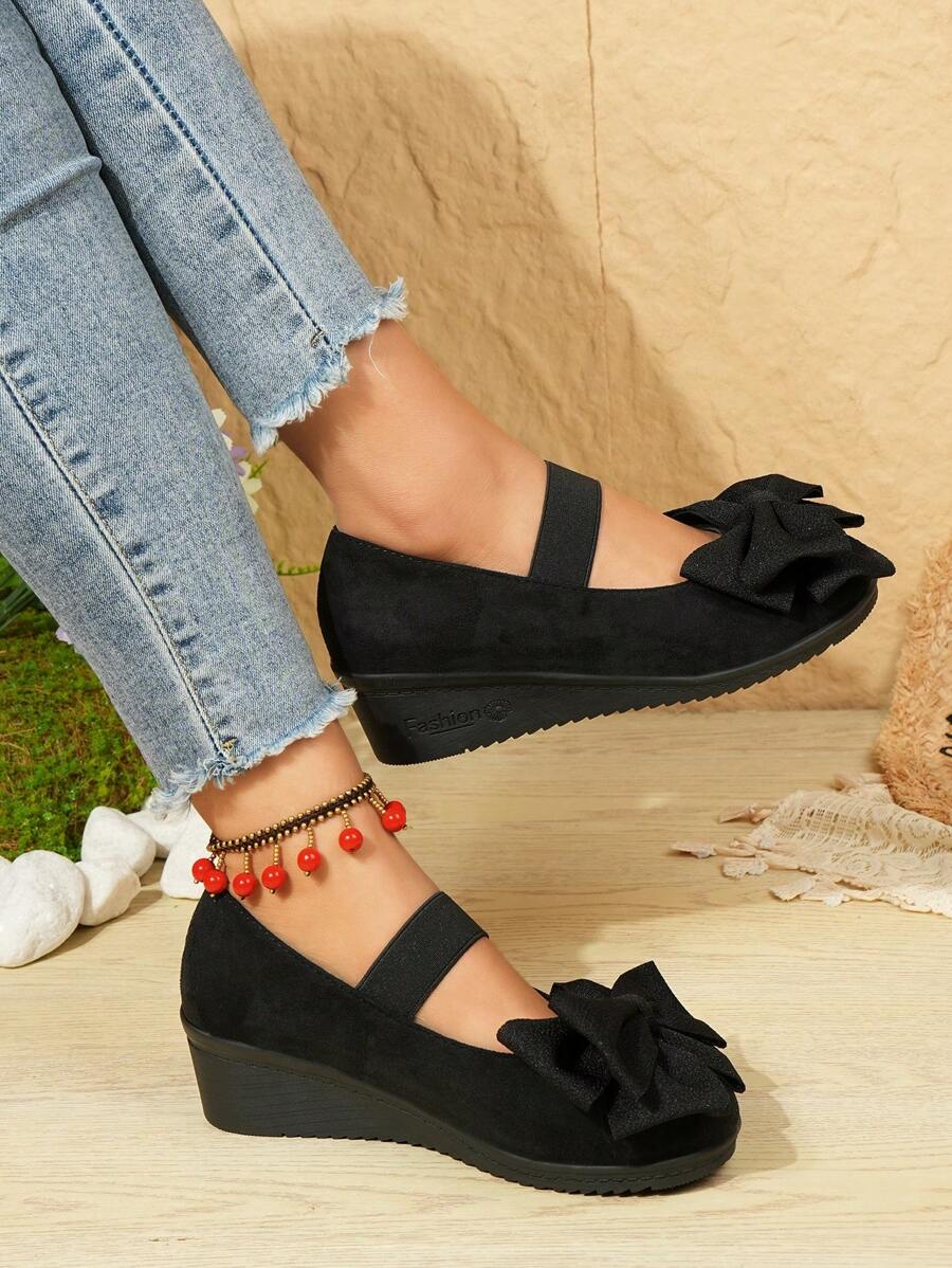2025新款斜跟软底女鞋，蝴蝶结黑色圆头工作鞋，女士专业工作服面试舒适鞋