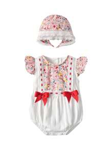 Baby Girl's Floral Print Patchwork Bodysuit With Bow Decor And Hat - Pink - View 2