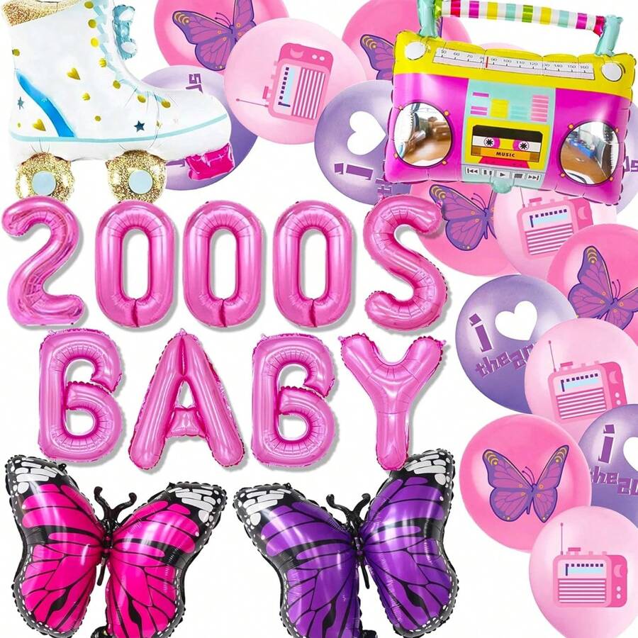 RGT 18 PCs 2000s Party Decor Y2K Early 2000s Party Backdrop Banner Y2k Pink Party Backdrop Butterfly Foil Balloons Y2k Balloons Birthday Party Decor Supplies - 粉色 - 查看 1