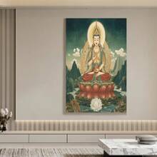 Framed  Manjushri Bodhisattva Canvas Painting In En Frame - Serene For Lotus Meditation Art, Ideal For Home And Office Wall Decor, Perfect Fest Gift, Zen Home Decor