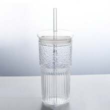 1pc Milk Tea/Cold Drink Glass Cup With Straws, Minimalist Vertical Stripe Water Cup, High-End Appearance Coffee Cup Suitable For Restaurant, Bar, Home, Holiday Party, Glass Jar, Transparent Pearl Milk Tea Cup, Fruit Juice Beer Cup, Milk Mocha Cup, Breakfast Cup