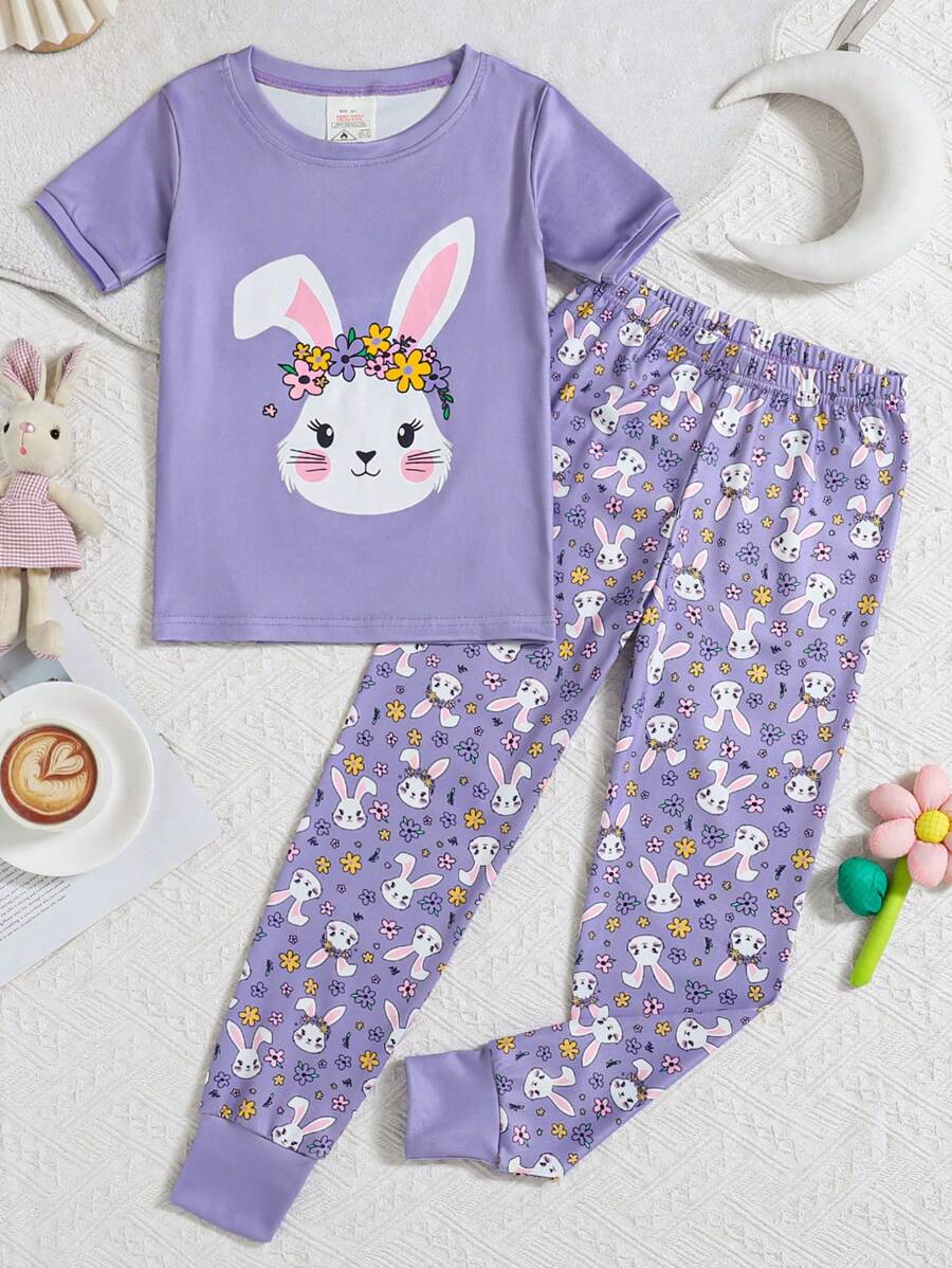 2 Stücke/Set Tween Mädchen Kaninchen Blume Muster Schlafanzug Kurzarm Oberteil und lange Hose Set, bequemer Lässig Loungewear, Frühling/Sommer - Violett - Übersicht 1