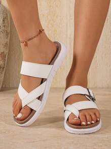 2025年夏季新款女士交叉带平底凉鞋，搭扣设计，休闲度假运动风格，软底舒适白色沙滩拖鞋 - 白色 - 查看 3