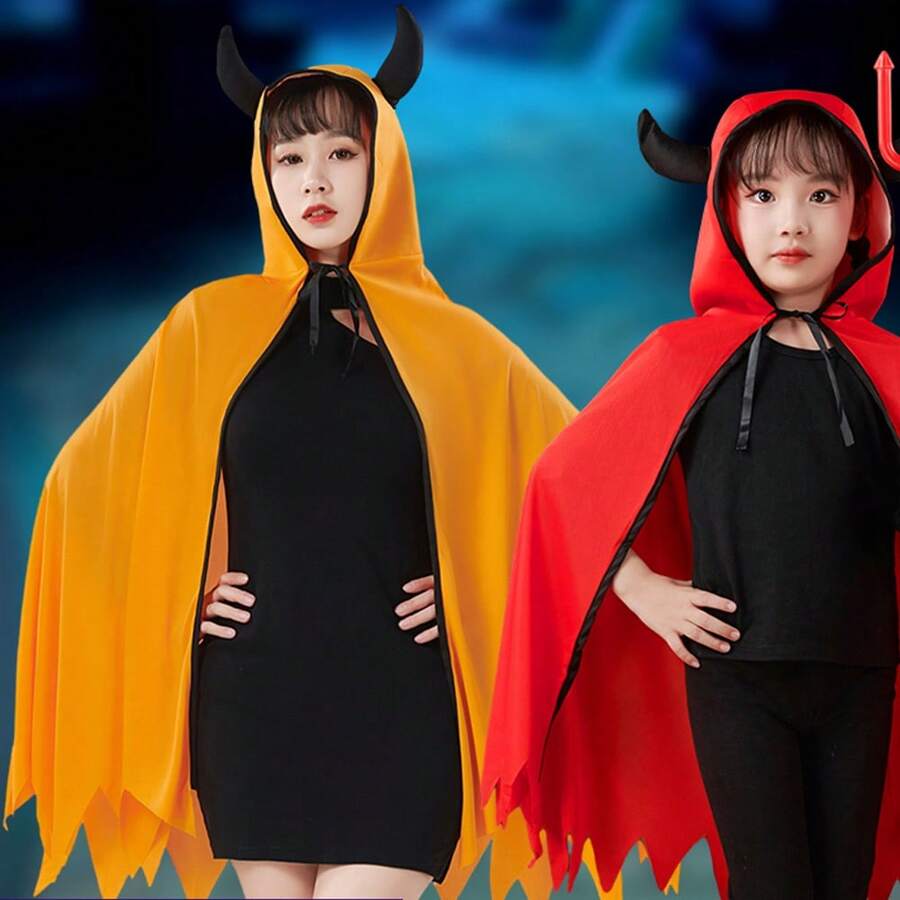 Orange & Red Devil Horned Cape For Adults , Perfect For Halloween Costumes And Parties
