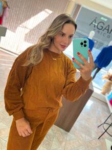 WOMEN'S WINTER MOUSSE KNITTING SET WITH PANTS AND BRAIDED BLOUSE - Camel - View 2