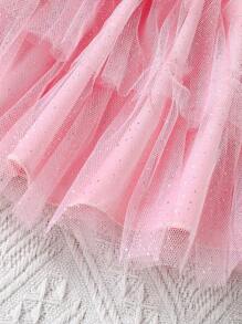 Set da 2 pezzi per ragazze: maglietta con decorazione in tulle e fiocco, gonna in più strati di tulle, stile dolce adatto per l'abbigliamento estivo