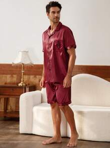 Men's Embroidered Heart Lapel Collar Top And Shorts Pajama Set