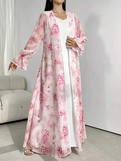 女式花卉印花荷叶边袖长款阿拉伯风格素雅长袍