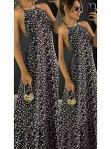 Women's Halter Backless Dress With Padded Cup H-6 - Black Gold - View 1