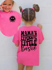 Girls Smiling Slogan Print Round Neck Short Sleeve T-Shirt, Casual Tee For Spring & Summer - Hot Pink - View 3