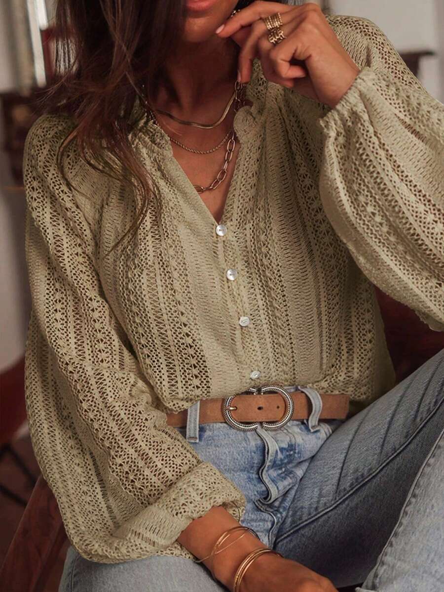 Women Single-Breasted Long Sleeve V-Neck Blouse, Loose Fit Elegant Versatile Shirt - xanh quân đội - Xem 1