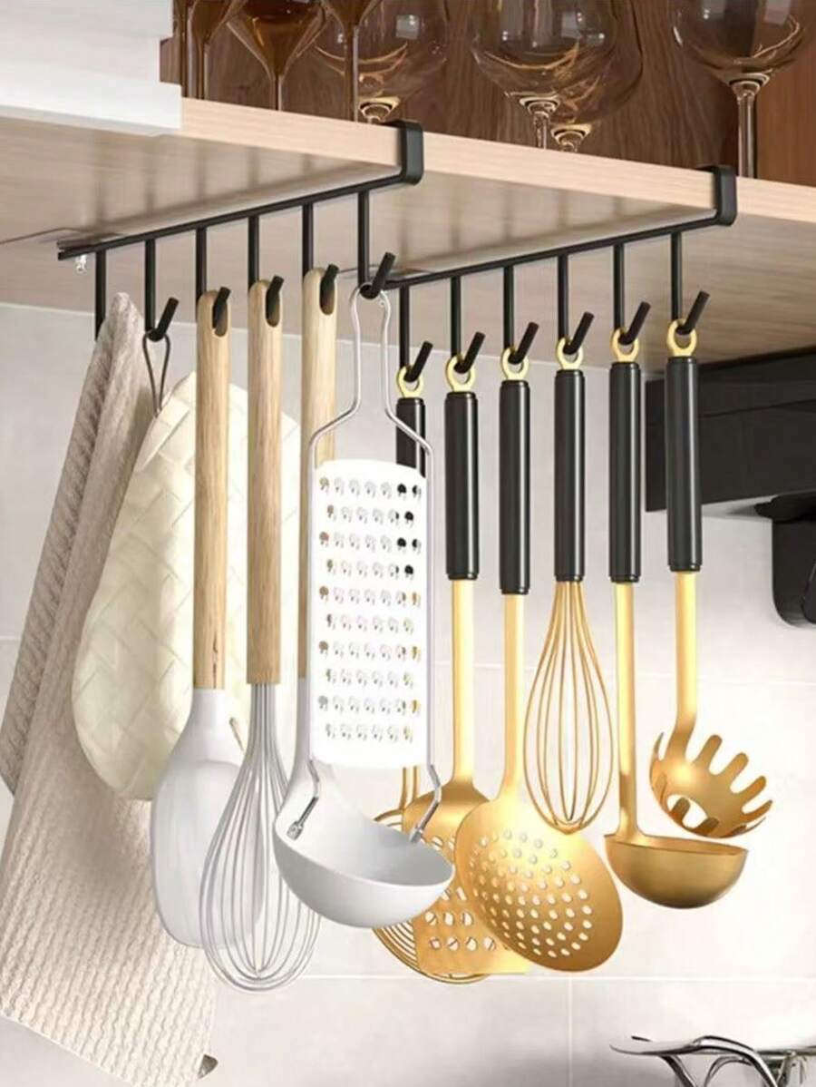 1/2 Pack White/Black 6-Hook Storage Rack, With 6 Hooks, No Drilling ...