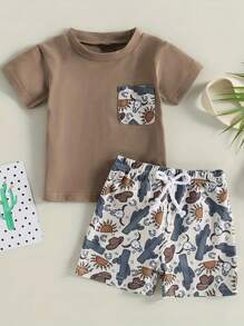 Bộ 2 món/Bộ áo phông túi cao bồi miền Tây và quần short cho bé trai mới biết đi mùa hè - Cà phê nâu - Xem 1