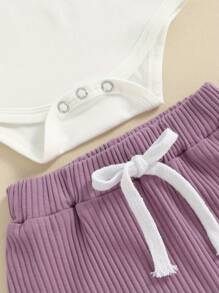 Baby Girls Shorts Set, Short Sleeve Letters Print Romper Elastic Waist Shorts With Hairband Summer Outfit - Purple - View 6