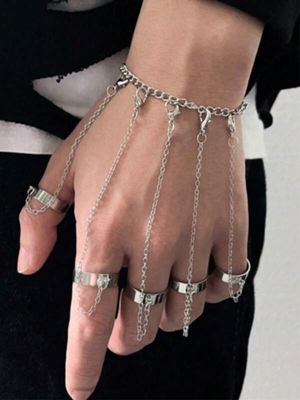 New Punk Style Silver Finger Ring Chain, Fashion Adjustable Knuckle Jewelry For Men And Women, Hip Hop Accessory Gift