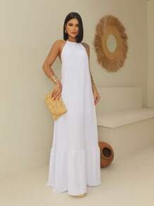 Women's Halter Backless Dress With Padded Cup H-6 - Blanco - Ver 2