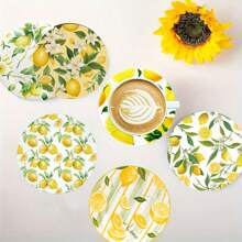 Een set van 6 houten onderzetters met citroenpatroon, antislip- en hittebestendige matten in artistieke stijl, geschikt voor keuken en woonkamer, ideaal als kerst-, nieuwjaars- en verjaardagscadeau