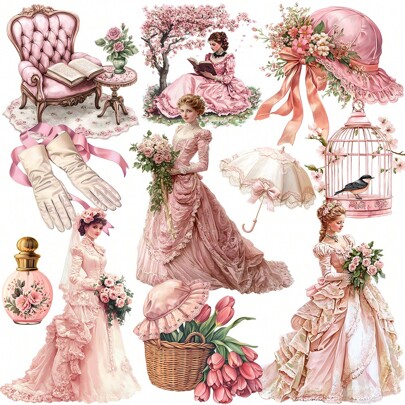 1 Pack Vintage Country Garden Pink Dress Sticker Sheets, Suitable For Scrapbooking, Diary, Notebook, Cutting Album Decorations