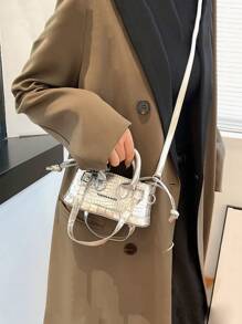 Mini Shiny Silver Crocodile Embossed PU Drawstring Closure Women Shoulder Bag With Adjustable Long Strap, Y2K Style Ladies Coin Purse Clutch For Party, Gathering, Daily Outfit - Bright silver - View 5