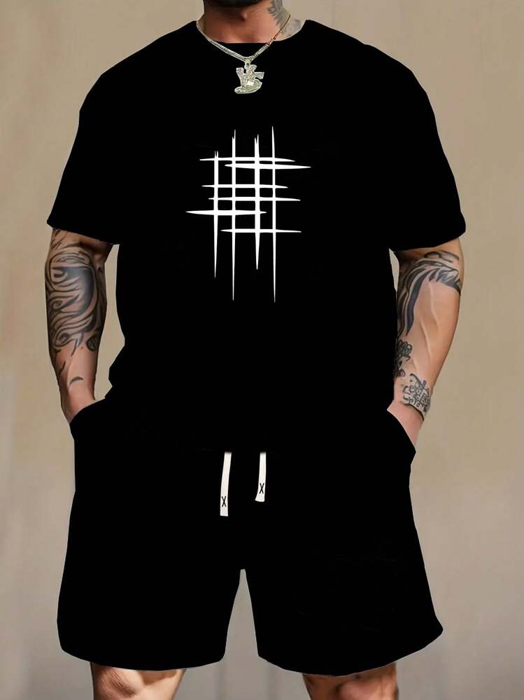 Men's Summer Short Sleeve T-Shirt And Shorts Set, Geometric Pattern Print, Casual Outdoor Wear, Pocket, Drawstring Waist Pants, 2 Pieces Outfit, Suitable Gift For Husband Or Boyfriend - Black - View 3